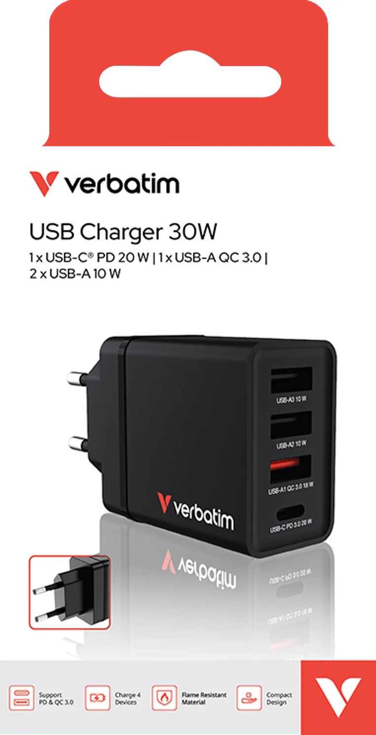 VERBATIM Ladeadapter, CHR-30EU1, 30W, GaN, schwarz