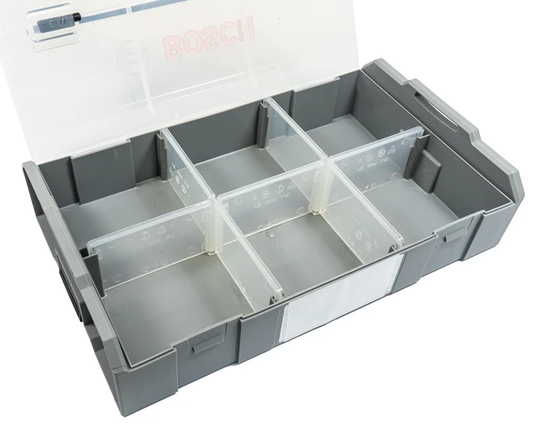 Bosch PRO L-BOXX Mini Grau mit transparentem Deckel (inkl. Trennwände, als Lunchbox verwendbar, Tragegriff auf Oberseite, Stapelbar)