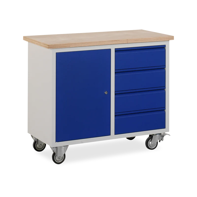 Werkzeugwagen (1-Türe & 4-Schübe) mit Lenkrollen – Lichtgrau