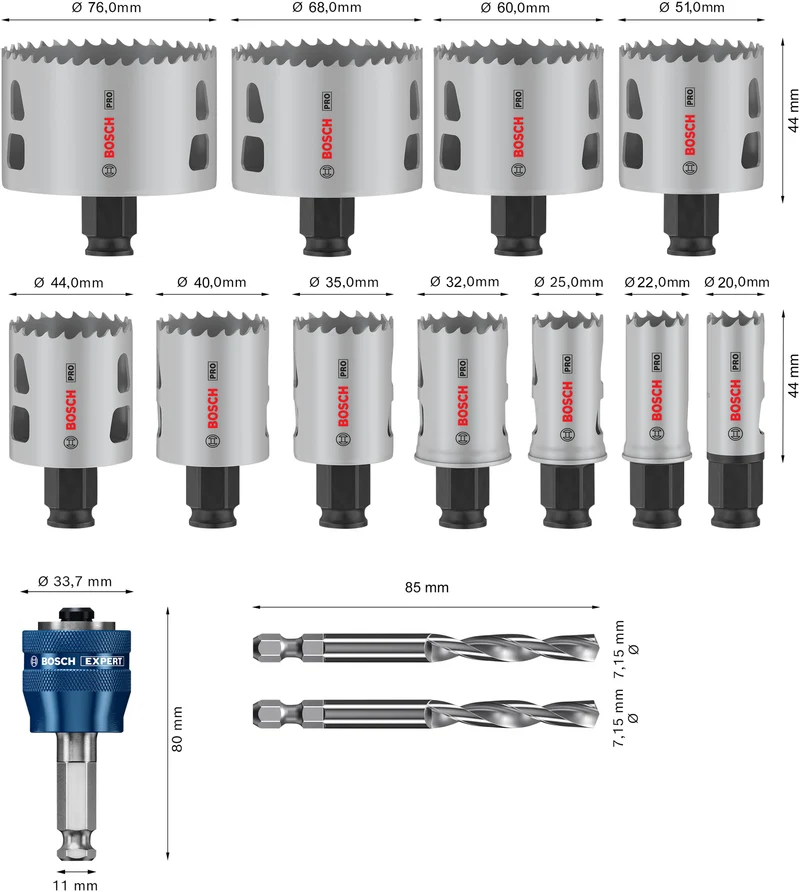 Bosch PRO Multi Material PC Plus Lochsägen-Set 14-tlg. (Ø 20 / 22 / 25 / 32 / 35 / 40 / 44 / 51 / 60 / 68 / 76 mm, 2 x HSS-G Zentrierbohrer, 1 x Power Change Plus Adapter, im Koffer)