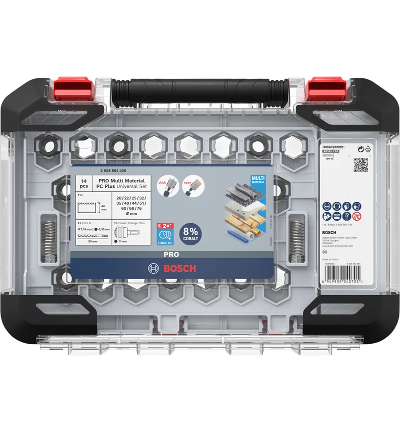 Bosch PRO Multi Material PC Plus Lochsägen-Set 14-tlg. (Ø 20 / 22 / 25 / 32 / 35 / 40 / 44 / 51 / 60 / 68 / 76 mm, 2 x HSS-G Zentrierbohrer, 1 x Power Change Plus Adapter, im Koffer)