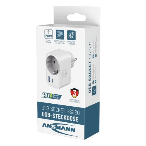 ANSMANN USB-Ladegerät Home Socket HS220 / 3 A / 20 W / 2 Port, Weiß
