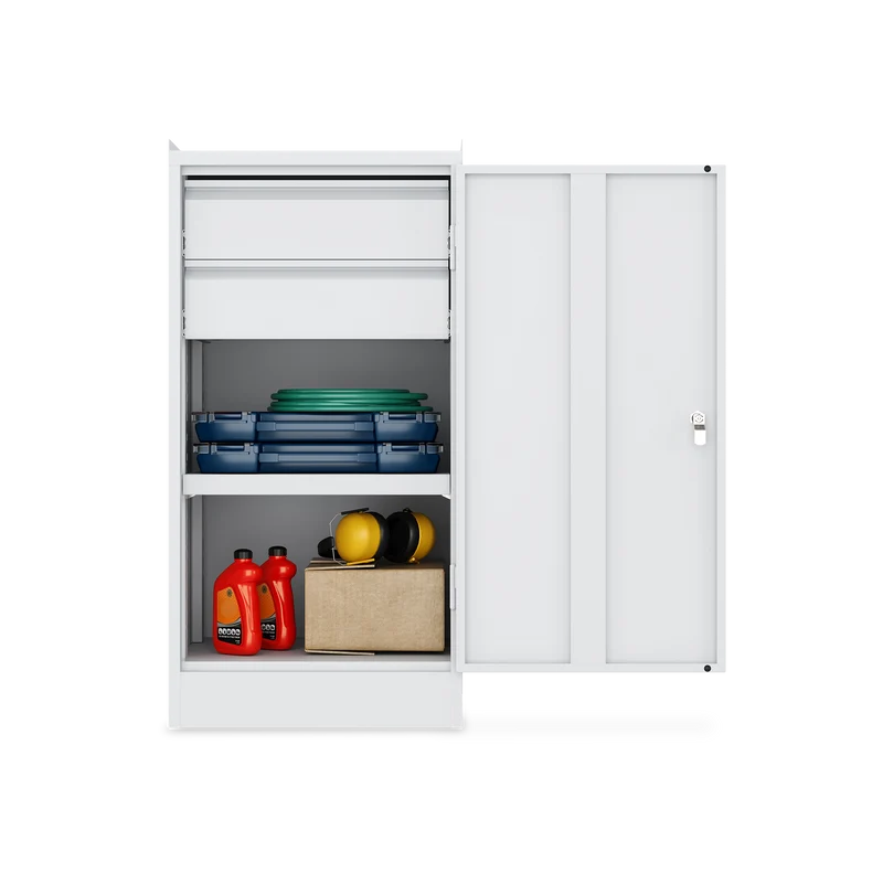 Werkzeugschrank (1-Türe) – 1 Fachboden & 2 Schubladen – Lichtgrau