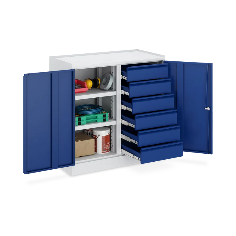 Werkzeugschrank (2-Türen) – 2 Fachböden & 6 Schubladen – Lichtgrau