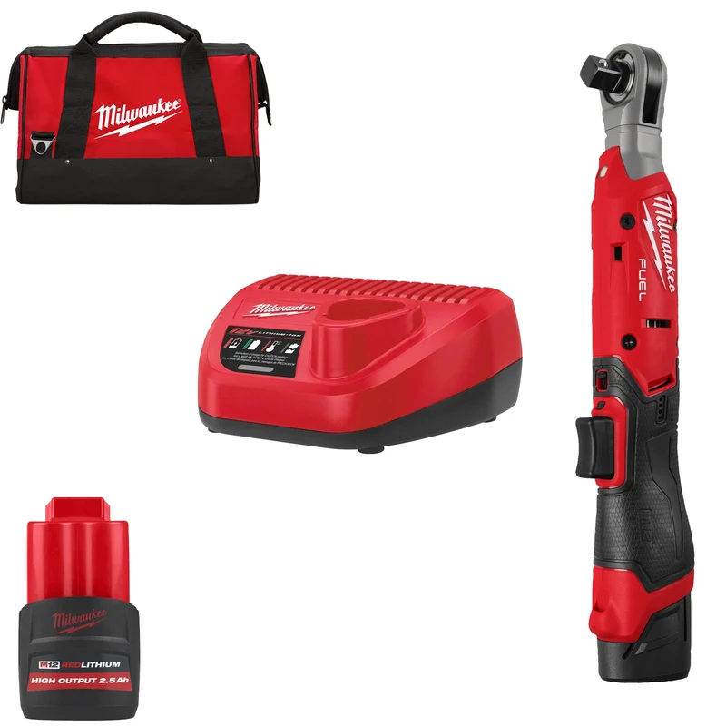 Milwaukee Akku-Ratsche M12 FIR12G2-252B (Aufnahme: 1/2"-Vierkant, Drehmoment: 108 Nm, Drehzahl: 0 - 300 U/min, inkl. 2 x 2,5 Ah Akku in Tasche)