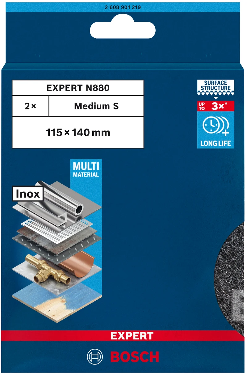 Bosch EXPERT N880 Vliespad zum Handschleifen (2er-Pack, 115 x 140 mm, für Holz, Edelstahl, Metall)