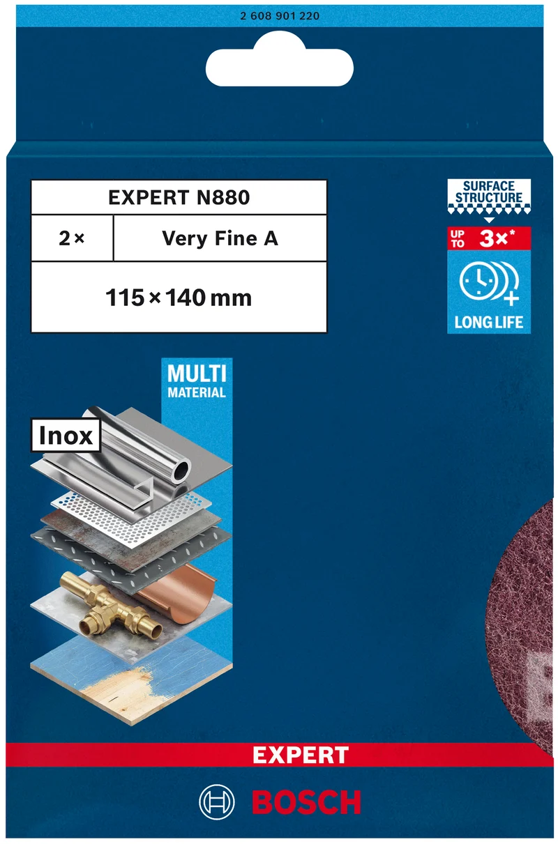 Bosch EXPERT N880 Vliespad zum Handschleifen (2er-Pack, 115 x 140 mm, für Holz, Edelstahl, Metall)
