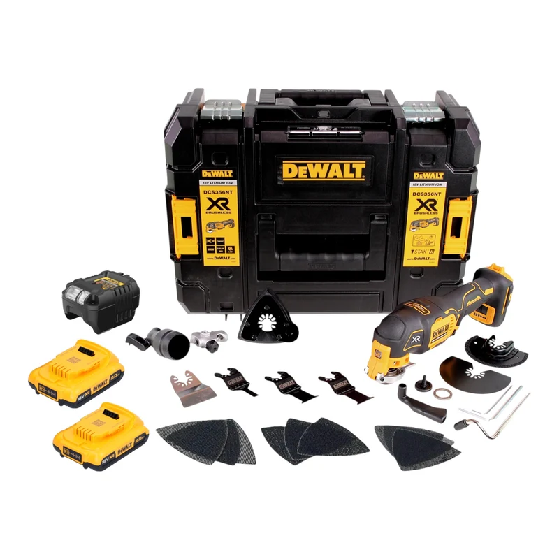 DeWalt DCS 356 D2T Akku Multitool 18 V Brushless + 2x Akku 2,0 Ah + Ladegerät + 20 tlg. Zubehör + TSTAK
