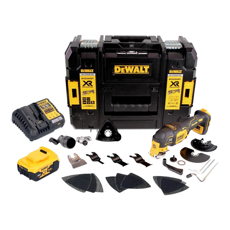 DeWalt DCS 356 P1T Akku Multitool 18 V Brushless + 1x Akku 5,0 Ah + Ladegerät + 20 tlg. Zubehör + TSTAK