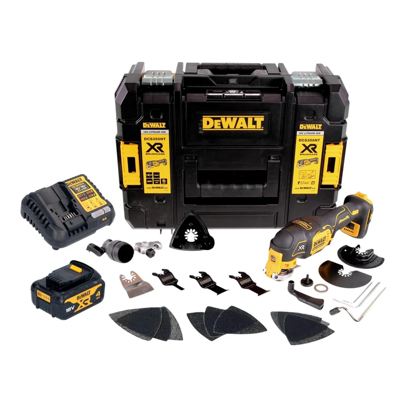 DeWalt DCS 356 M1T Akku Multitool 18 V Brushless + 1x Akku 4,0 Ah + Ladegerät + 20 tlg. Zubehör + TSTAK