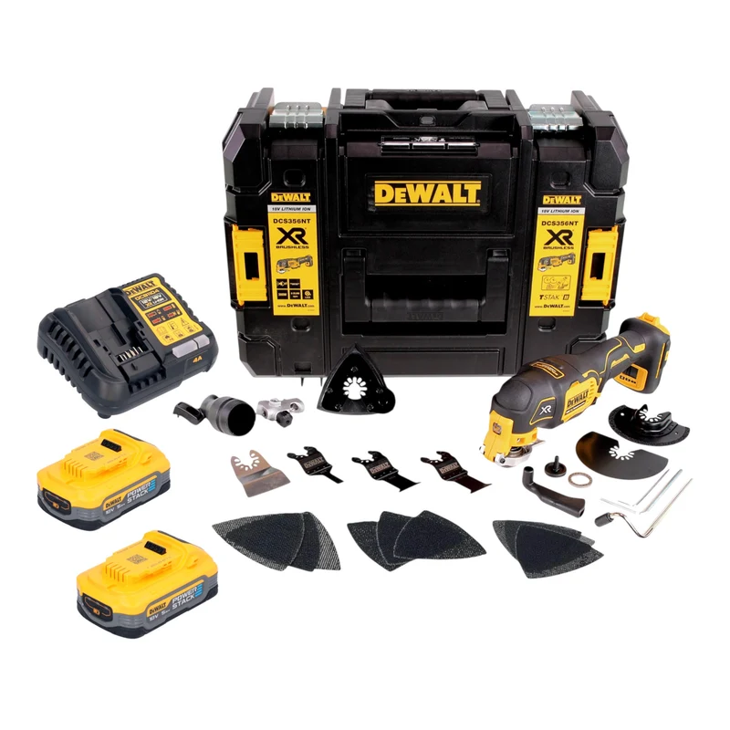 DeWalt DCS 356 H2T Akku Multitool 18 V Brushless + 2x Powerstack Akku 5,0 Ah + Ladegerät + 20 tlg. Zubehör + TSTAK