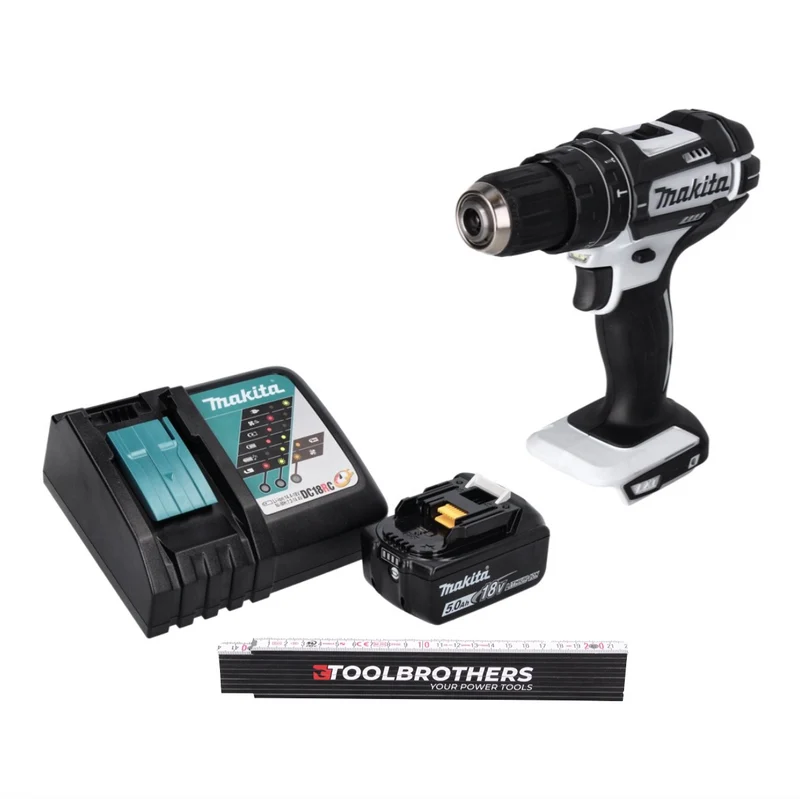 Toolbrothers Gliedermaßstab + DHP 482 RT1 W Akku Schlagbohrschrauber 18 V 62 Nm + 1x Akku 5,0 Ah + Ladegerät