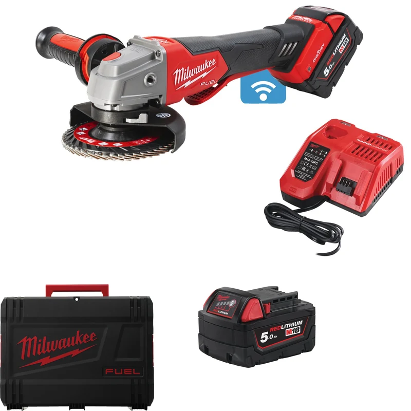 Milwaukee Akku-Winkelschleifer M18 ONEFSAG125XPDB-502X (Scheiben-Ø: 125 mm, Paddelschalter, ONE-KEY, mit 2 x 5,0 Ah Akku in HD-Box)