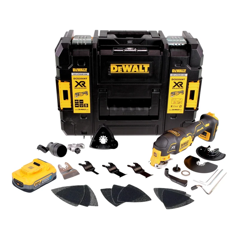 DeWalt DCS 356 NT Akku Multitool 18 V Brushless + 1x Powerstack Akku 5,0 Ah + 20 tlg. Zubehör + TSTAK - ohne Ladegerät