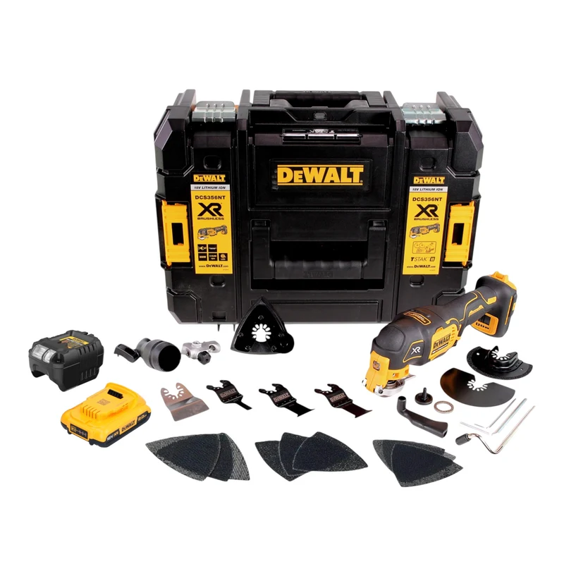 DeWalt DCS 356 D1T Akku Multitool 18 V Brushless + 1x Akku 2,0 Ah + Ladegerät + 20 tlg. Zubehör + TSTAK