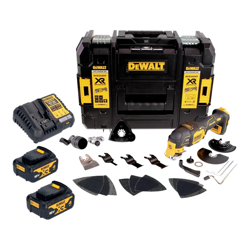 DeWalt DCS 356 M2T Akku Multitool 18 V Brushless + 2x Akku 4,0 Ah + Ladegerät + 20 tlg. Zubehör + TSTAK