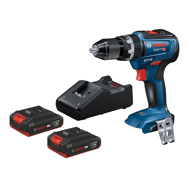 Bosch GSB 18V-55 Professional Akku Schlagbohrschrauber 18 V 55 Nm Brushless + 2x Akku 2,0 Ah + Ladegerät