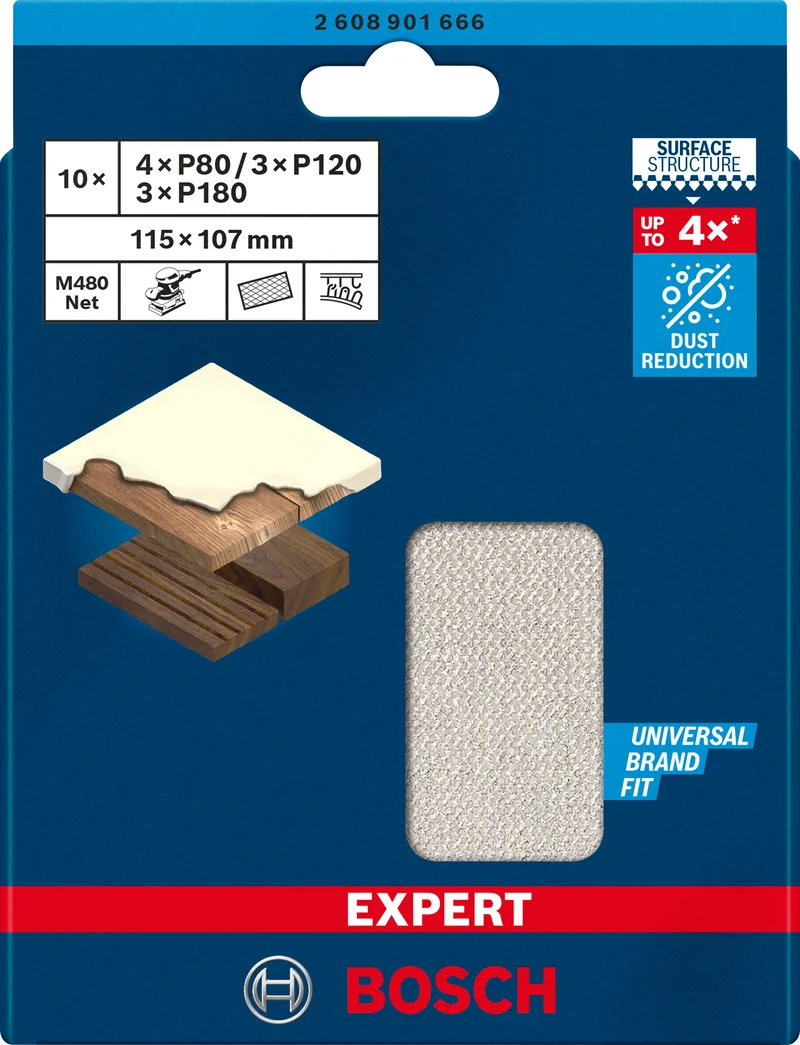 Bosch EXPERT M480 Schleifnetz-Set 115 x 107 mm (10er-Pack: 4x G80, 3x G120, 3x G180, für Schwingschleifer, für Holz, Farbe, Trockenbauwände)