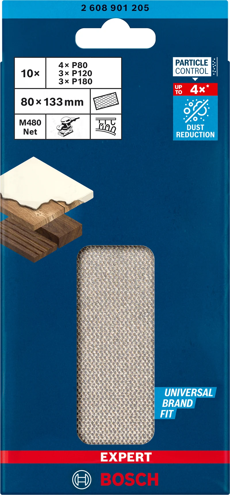Bosch EXPERT M480 Schleifnetz-Set 80 x 133 mm (10er-Pack: 4x G80, 3x G120, 3x G180, für Schwingschleifer, für Holz, Farbe, Trockenbauwände)