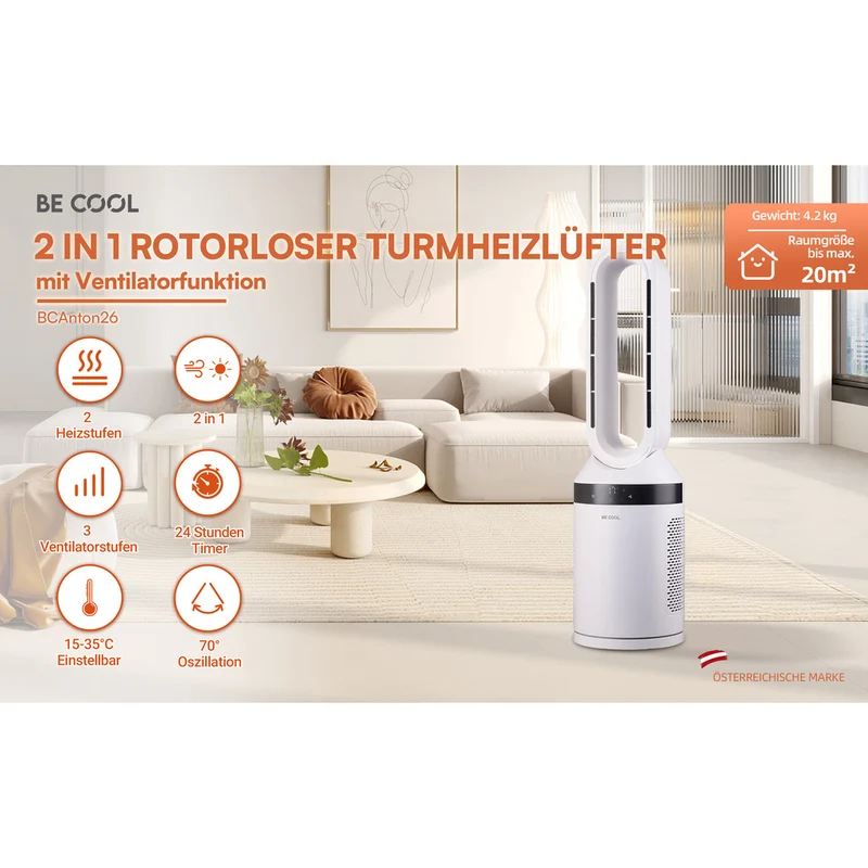 BE COOL Rotorloser 2in1 Turmheizlüfter mit Ventilatorfunktion