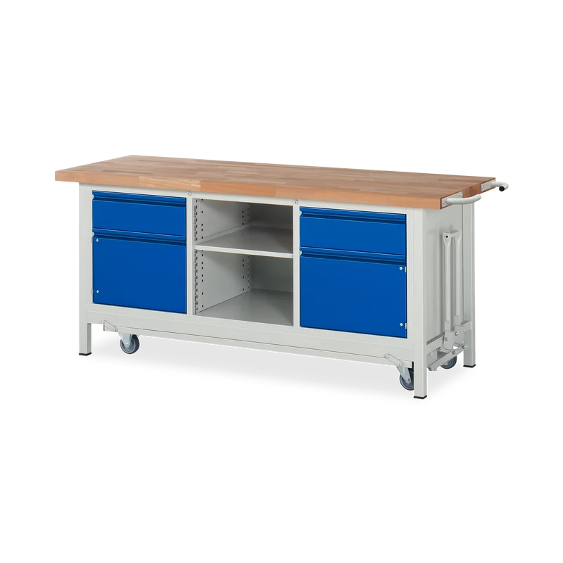 Fahrbare Werkbank (Absenkbar) mit Ablagefach ink. 2x Schubladen und 2x Türen