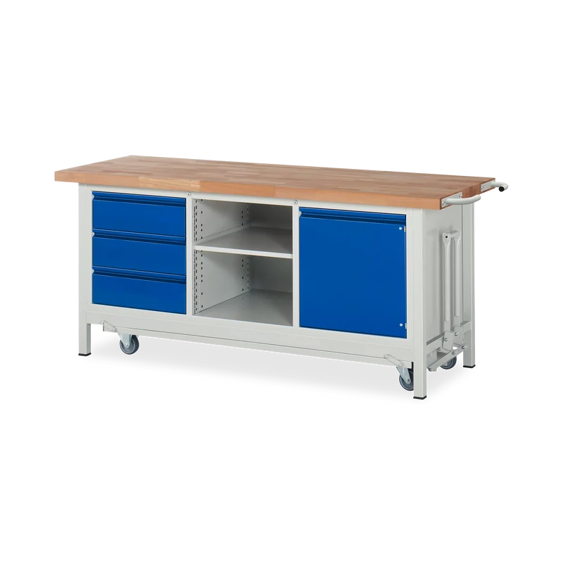 Fahrbare Werkbank (Absenkbar) mit Ablagefach ink. 3x Schubladen und 1x Türe