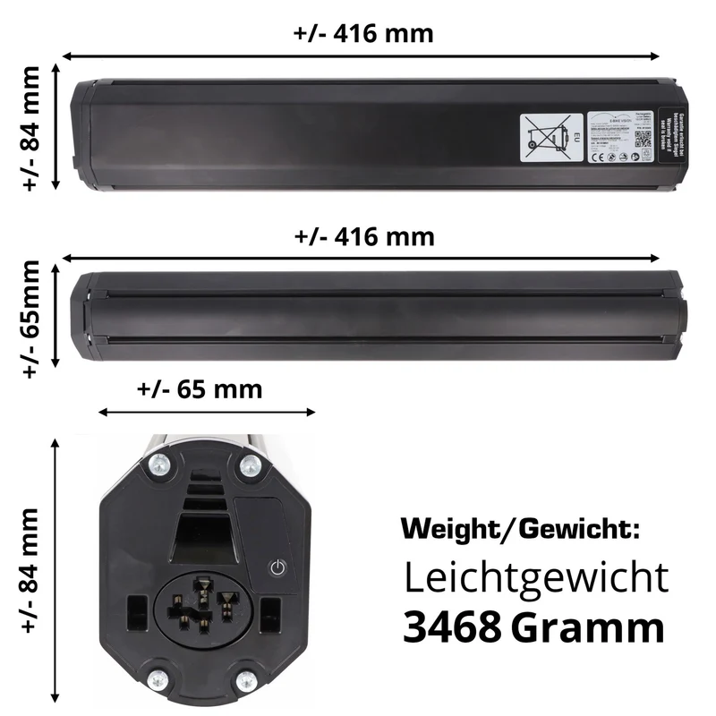 E-bike Version 640Wh PowerPack für Bosch Active Plus Performance CX 36 V Intube vertikal 41,6cm Lang, 10ICR19/66-6
