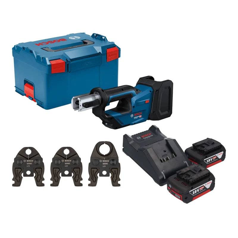 Bosch GPT 18V-19 Professional Akku Presswerkzeug 18 V 21 kN + 2x Akku 5,0 Ah + Ladegerät + 3x Pressbacke + L-Boxx
