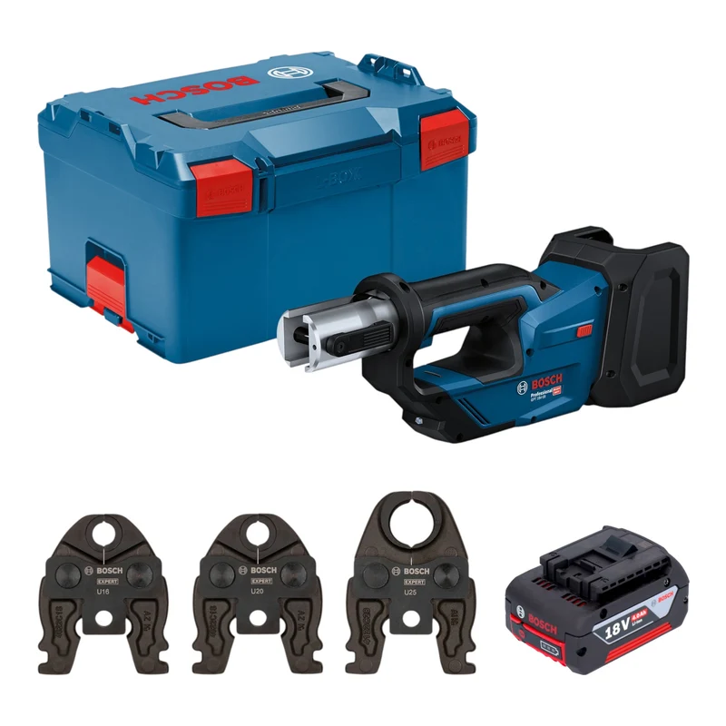Bosch GPT 18V-19 Professional Akku Presswerkzeug 18 V 21 kN + 1x Akku 4,0 Ah + 3x Pressbacke + L-Boxx - ohne Ladegerät