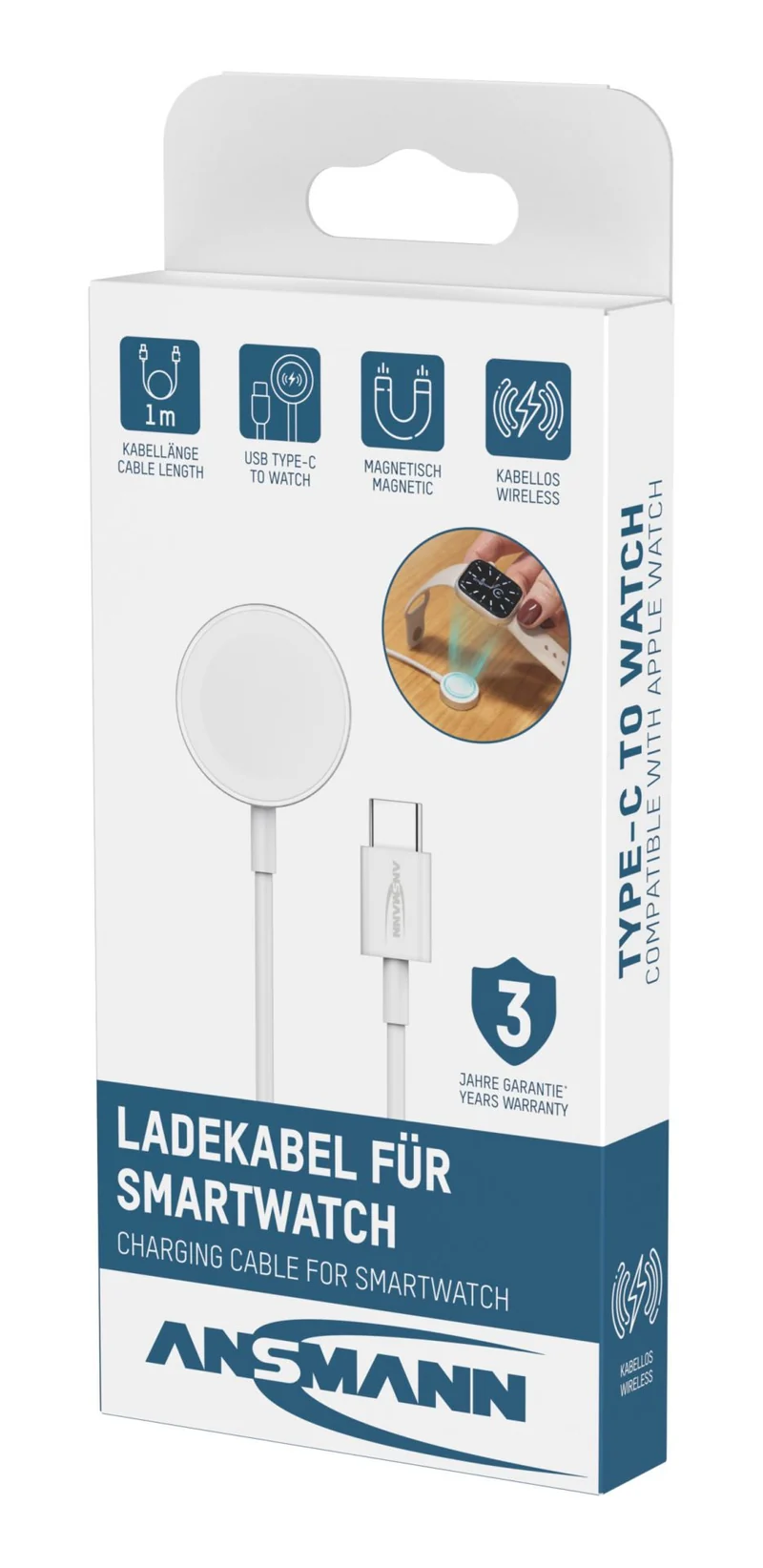 Ansmann USB-C Ladekabel passend für Apple Watch, Länge 1 Meter, weiß