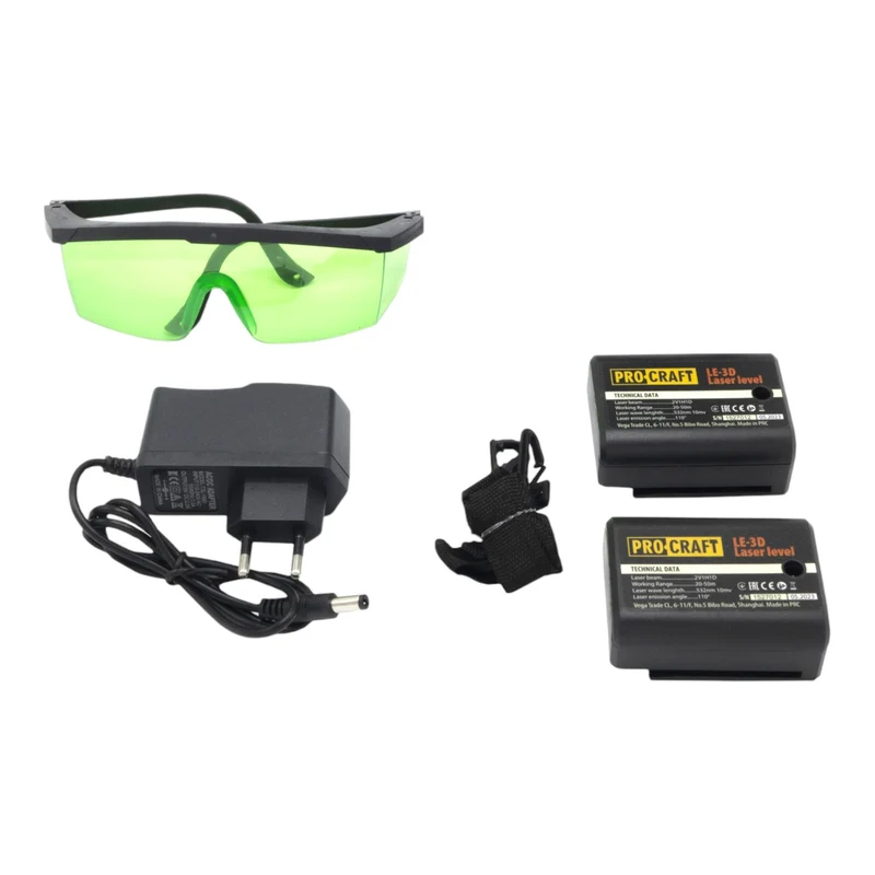 Procraft LE-3D Akku Linien- und Kreuzlinienlaser 3,7 V 50 m grün selbstnivellierend + Integrierter Akku 2,0 Ah