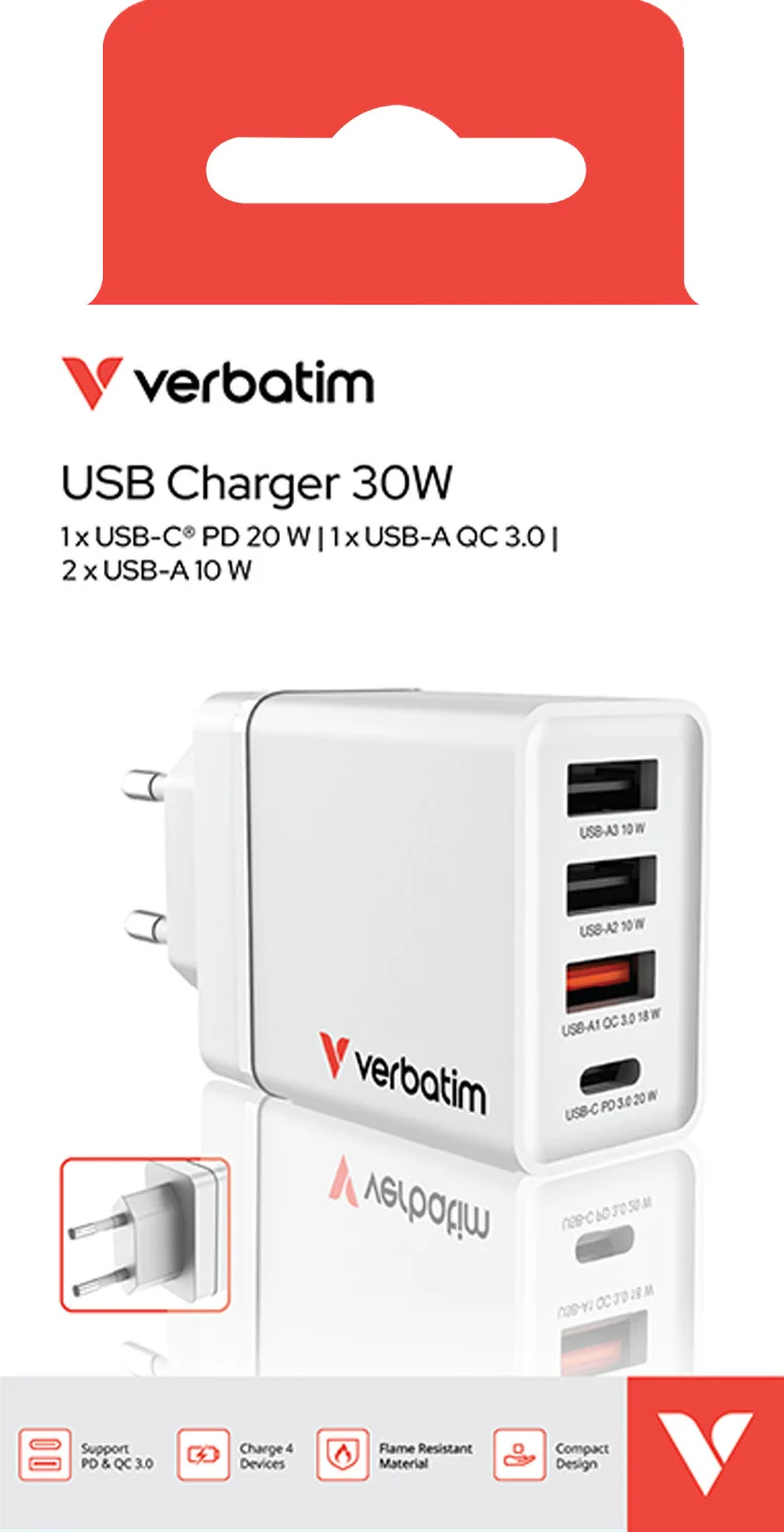 VERBATIM Ladeadapter, CHR-30EU2, 30W, GaN, weiss