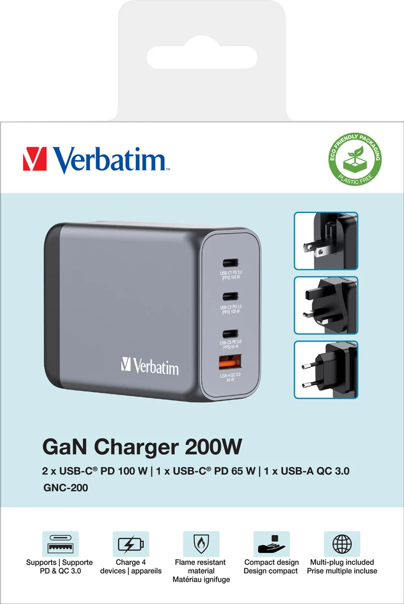 VERBATIM Ladeadapter, Universal, GNC-200, GaN, 200W, grau