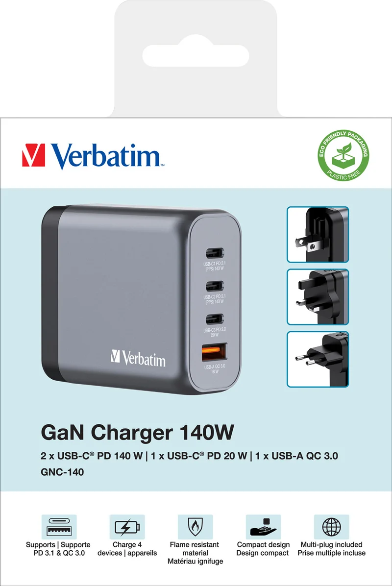 VERBATIM Ladeadapter, Universal, GNC-140, GaN, 140W, grau