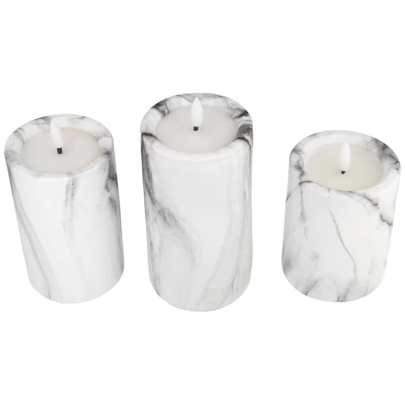 Star Trading 3er-Set LED-Kerzen mit Marmorstruktur und warmweißer Flacker-LED, Timer-Funktion, batteriebetrieben