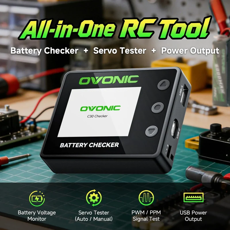 OVONIC C30 Smart-Akkutester und Zell-Balancer für 1S-8S LiPo-, LiHV-, LiFe- & Li-Ion-Akkus, PWM/PPM-Servotester, 30 W USB-C PD & 22,5 W USB-A Schnellladeausgang