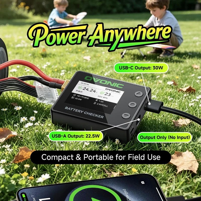 OVONIC C30 Smart-Akkutester und Zell-Balancer für 1S-8S LiPo-, LiHV-, LiFe- & Li-Ion-Akkus, PWM/PPM-Servotester, 30 W USB-C PD & 22,5 W USB-A Schnellladeausgang