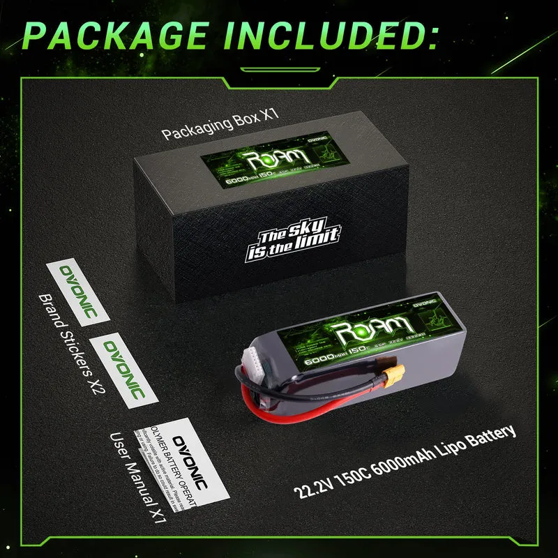 OVONIC Roam-Serie 22,2V 6000mAh 150C 6S Softcase-LiPo-Akkupack mit XT90-S-Anti-Blitz- oder XT60-Stecker