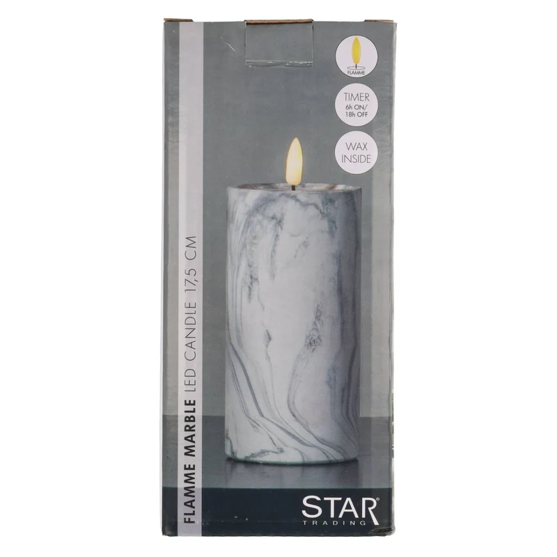 Star Trading LED-Kerze mit Marmorstruktur und warmweißer Flacker-LED, Timer-Funktion, batteriebetrieben, Höhe 17,5cm