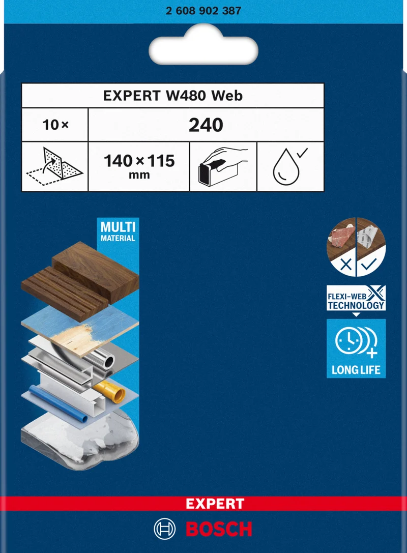 Bosch EXPERT W480 Web 1/4 Handschleifblatt (10er-Pack, 115 x 140 mm, Effizientes Schleifen verschiedenster Materialien, Flexi-Web-Technologie)