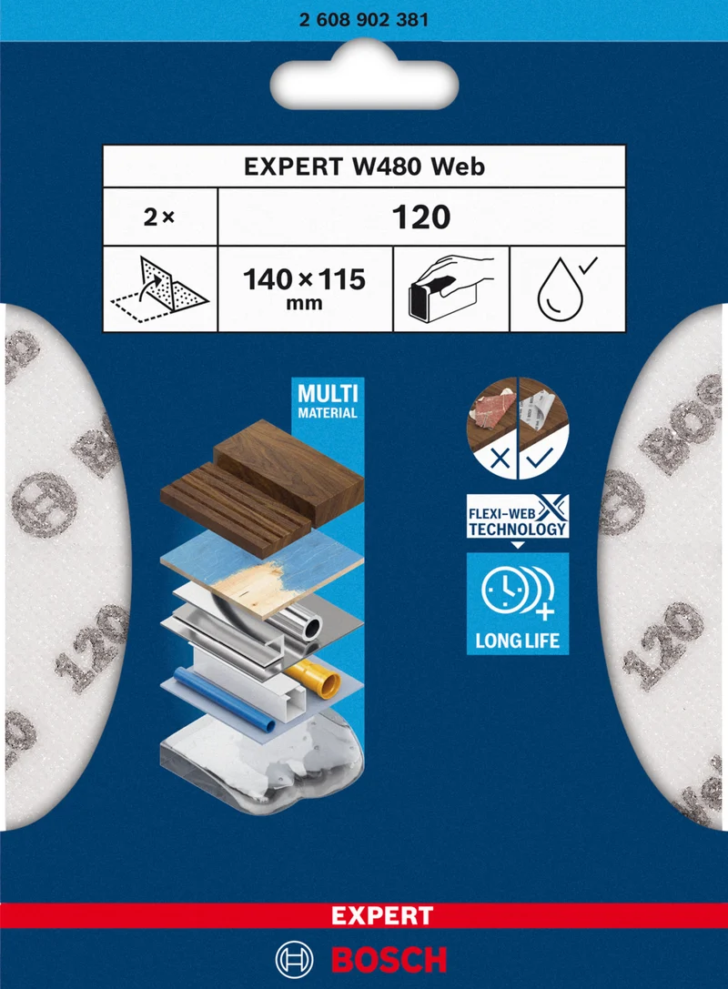 Bosch EXPERT W480 Web 1/4 Handschleifblatt (2er-Pack, 115 x 140 mm, Effizientes Schleifen verschiedenster Materialien, Flexi-Web-Technologie)