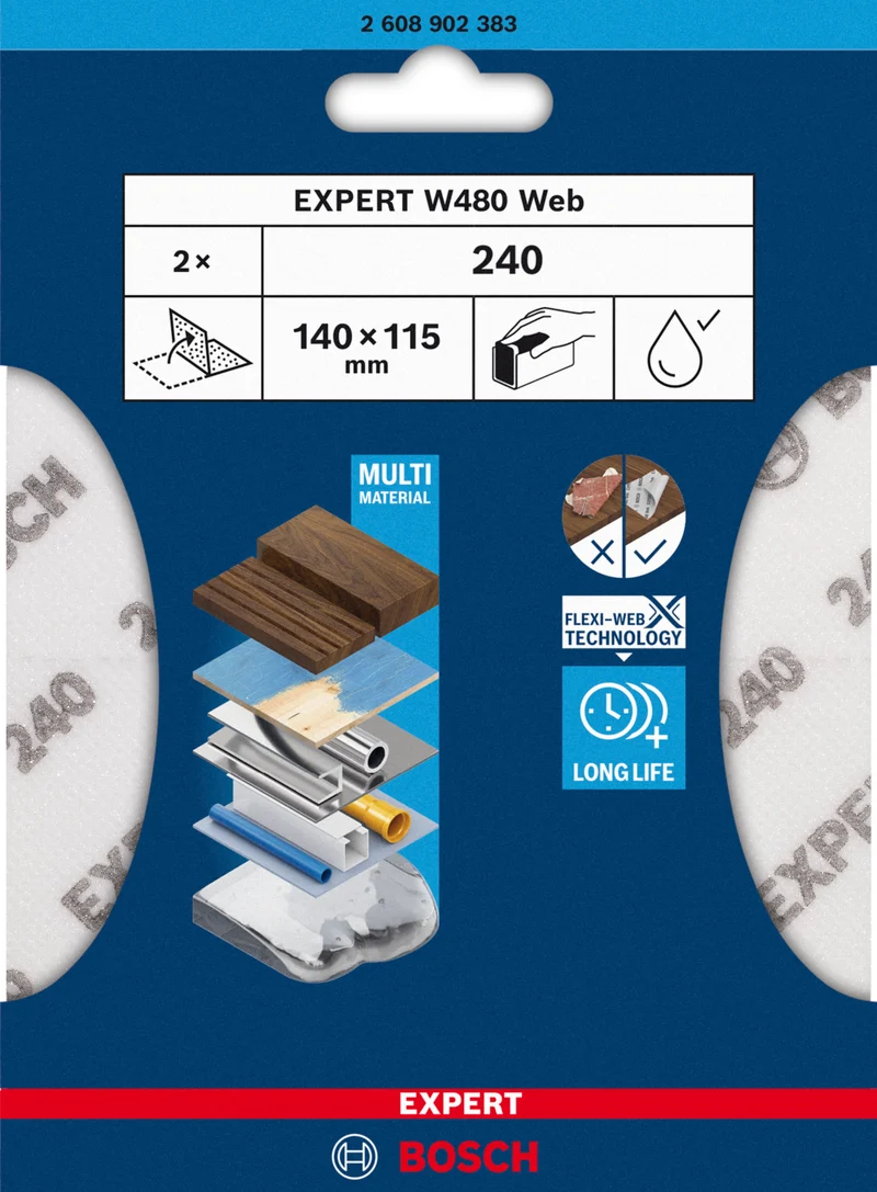 Bosch EXPERT W480 Web 1/4 Handschleifblatt (2er-Pack, 115 x 140 mm, Effizientes Schleifen verschiedenster Materialien, Flexi-Web-Technologie)