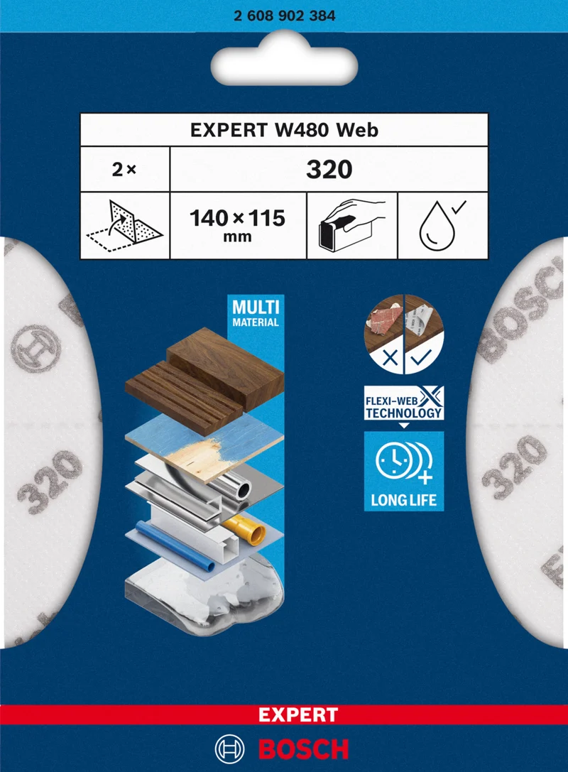 Bosch EXPERT W480 Web 1/4 Handschleifblatt (2er-Pack, 115 x 140 mm, Effizientes Schleifen verschiedenster Materialien, Flexi-Web-Technologie)