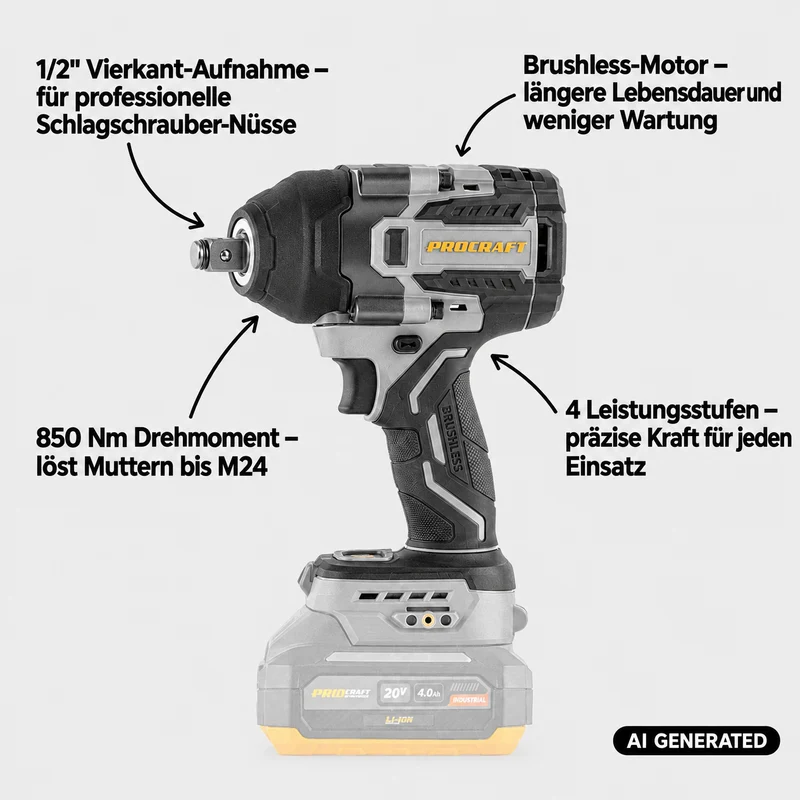 ProCraft Industrial IW850A-BB Akku Schlagschrauber 20 V 850 Nm 1/2" Brushless + 2x Akku 2,0 Ah + Ladegerät