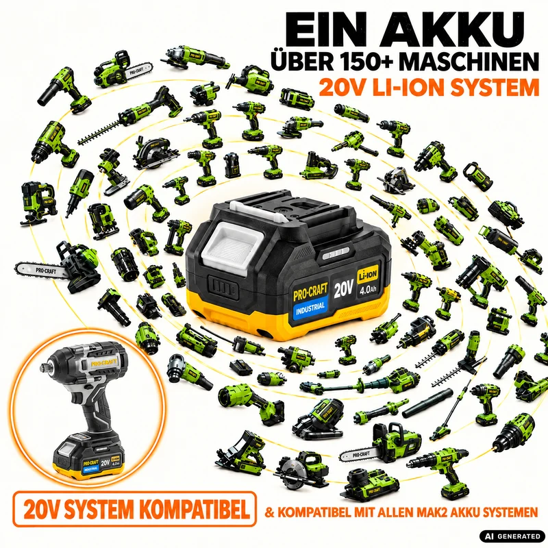 ProCraft Industrial IW850A-BB Akku Schlagschrauber 20 V 850 Nm 1/2" Brushless + 2x Akku 2,0 Ah + Ladegerät