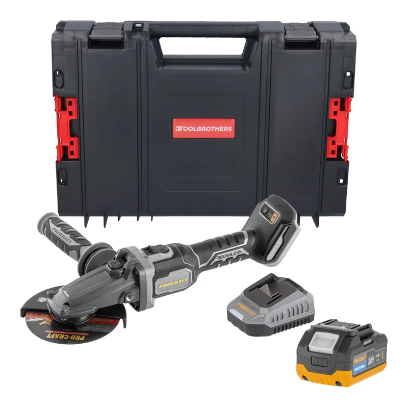 Procraft Industrial AG125Cbb Akku Flachkopf Winkelschleifer 20 V 125 mm Brushless + 1x Akku 4,0 Ah + Ladegerät + RHINO Toolcase