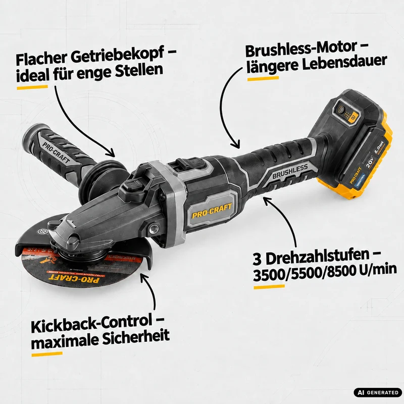 Procraft Industrial AG125Cbb Akku Flachkopf Winkelschleifer 20 V 125 mm Brushless + 1x Akku 2,0 Ah + Ladegerät
