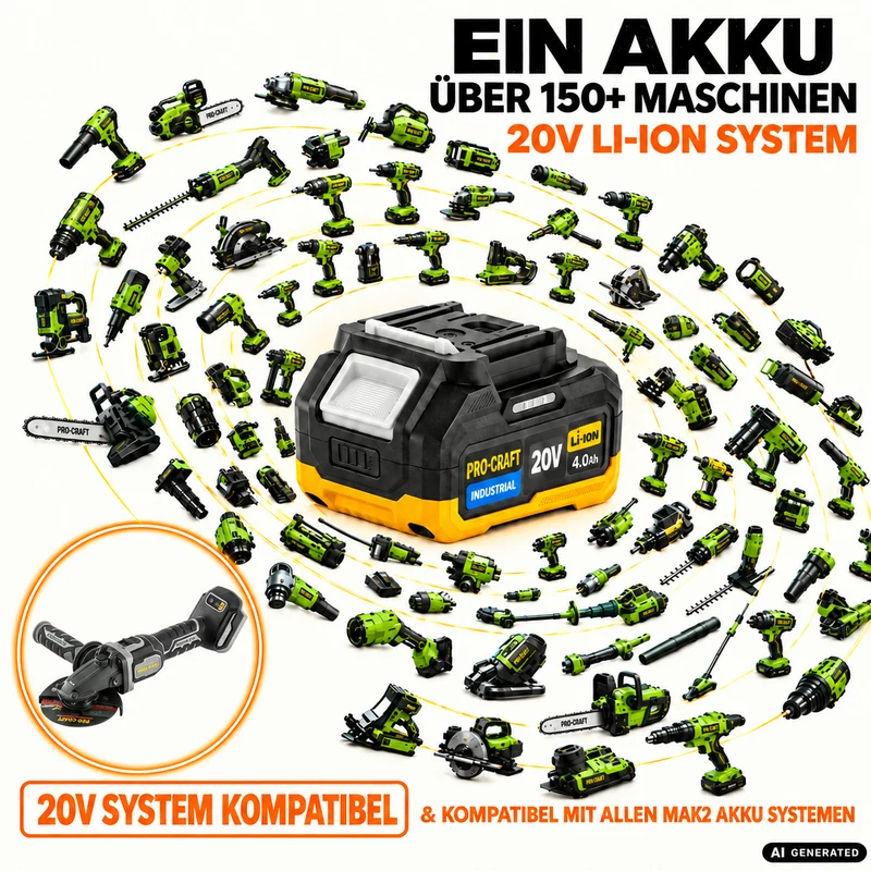 Procraft Industrial AG125Cbb Akku Flachkopf Winkelschleifer 20 V 125 mm Brushless + 1x Akku 2,0 Ah + Ladegerät