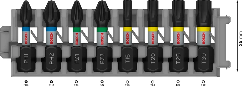 Bosch PRO Impact Schrauberbit Set (8-tlg: PH1, PH2, PZ1, PZ2, T15, T20, T25, T30 - Länge: 25 mm - ideal für Schlagschrauber)