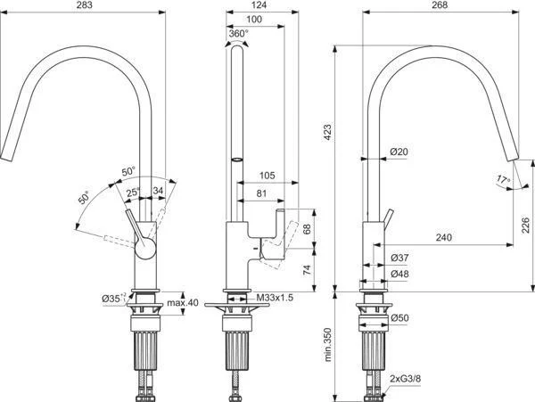 IDEAL STANDARD Gusto Küchenarmatur 238 mm Ausladung Sunset Rose – Einhebelmischer mit 360° Schwenkbereich